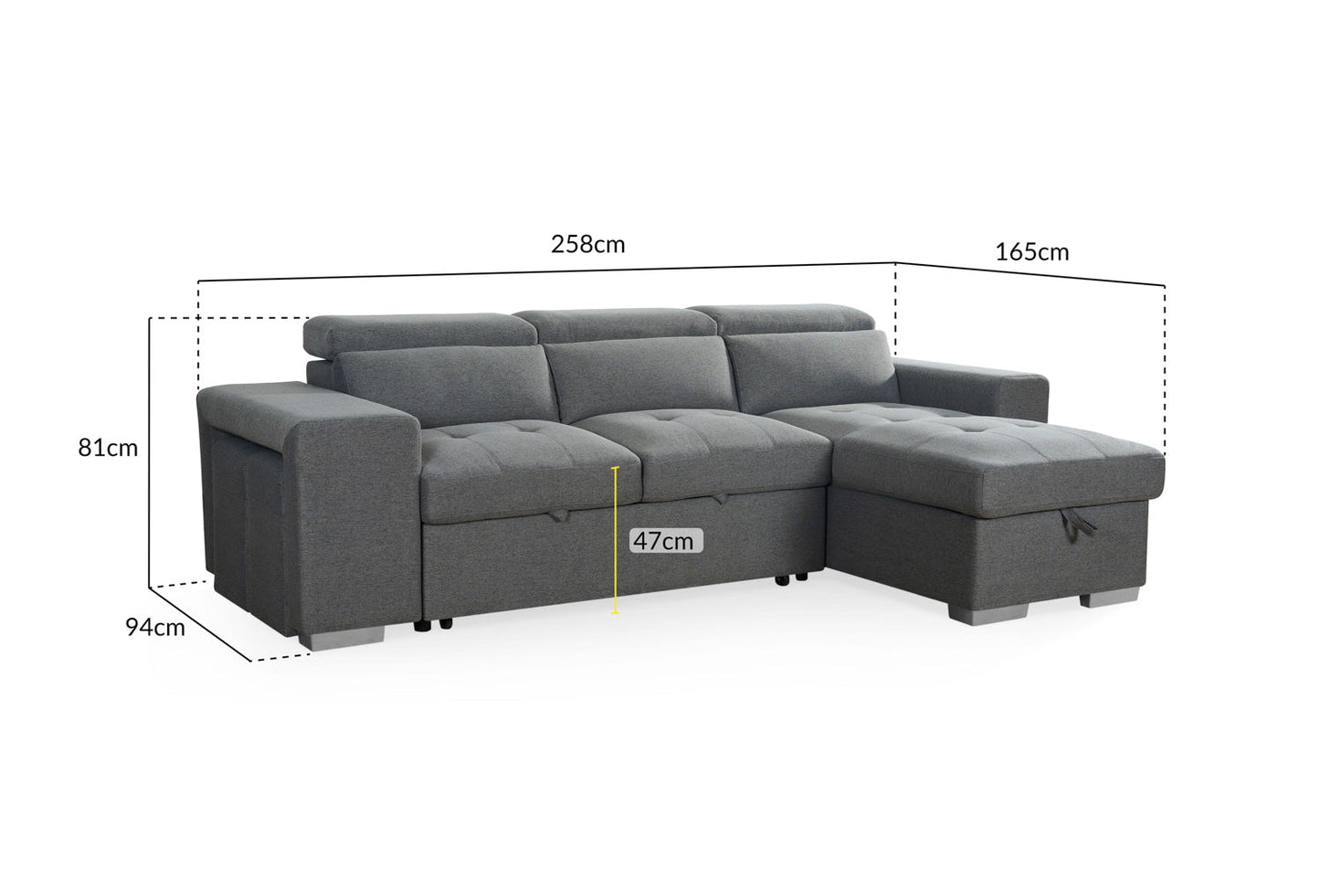 Grey Artemis universal corner sofabed with storage and easy conversion, featuring a modern design and compact size for versatile living spaces.