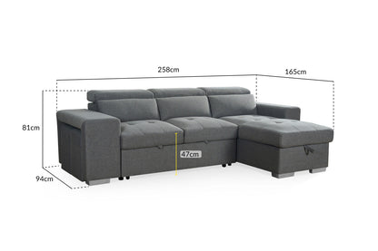 Grey Artemis universal corner sofabed with storage and easy conversion, featuring a modern design and compact size for versatile living spaces.
