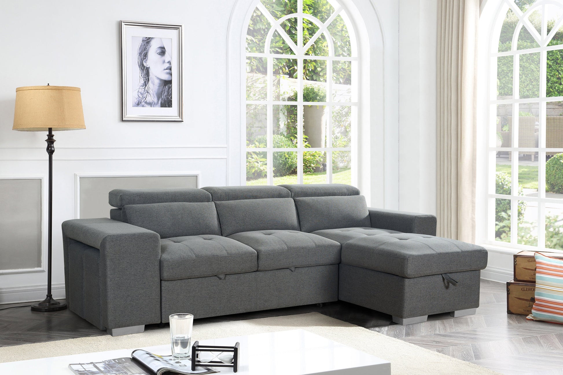 Grey Artemis universal corner sofabed with storage, featuring easy conversion and modern design, shown in a high-resolution image.
