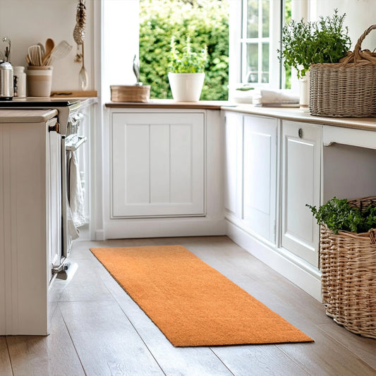 Non-shed synthetic coir runner rug in natural beige for kitchen and hallway, featuring textured coir-style surface.