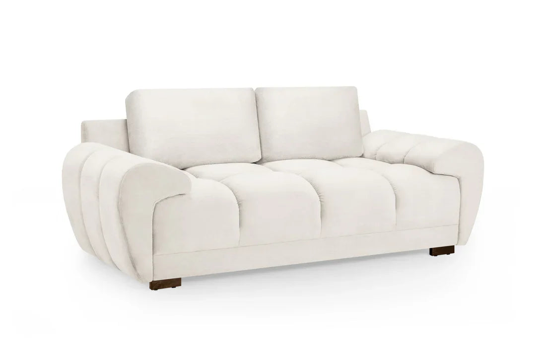 Cream Azzuro 2-seater velvet sofa with built-in storage and sofabed, featuring anti-slip feet for stability.