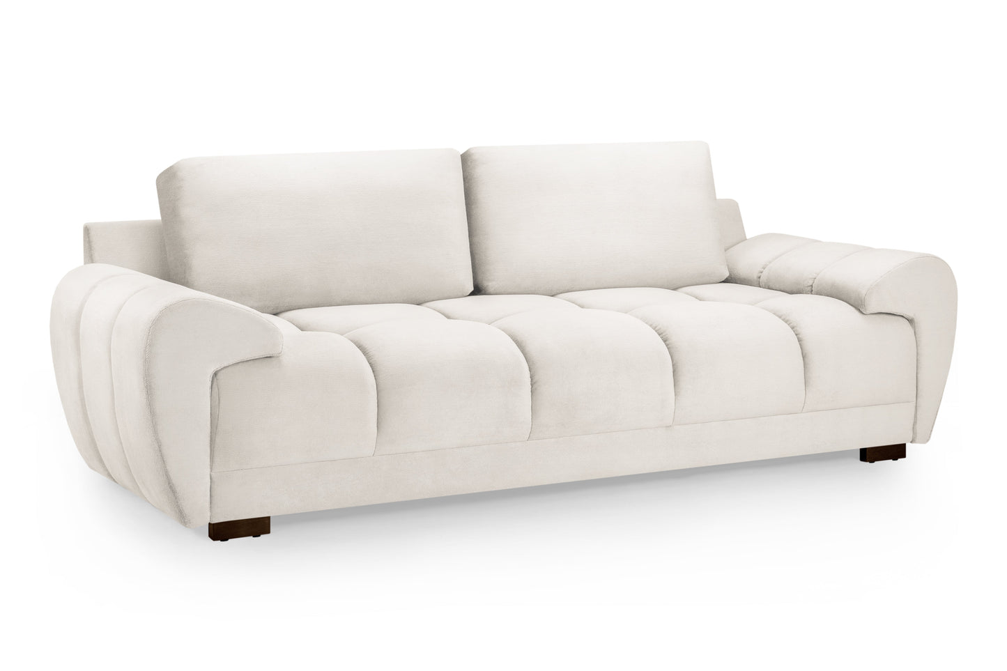 Cream Azzuro plush velvet 3-seater sofa bed with storage and anti-slip features, showcasing comfortable seating and elegant design.