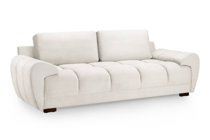 Cream Azzuro plush velvet 3-seater sofa bed with storage and anti-slip features, showcasing comfortable seating and elegant design.