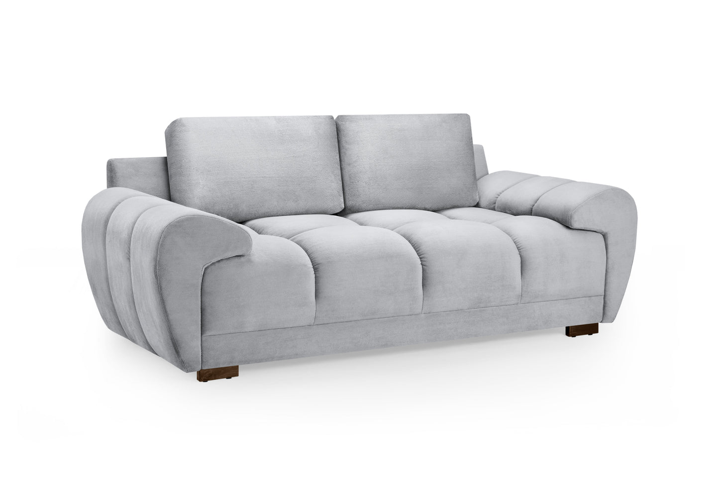 Azzuro 2-seater velvet sofa with storage and sofabed, featuring anti-slip feet in soft grey fabric, ideal for modern living rooms.