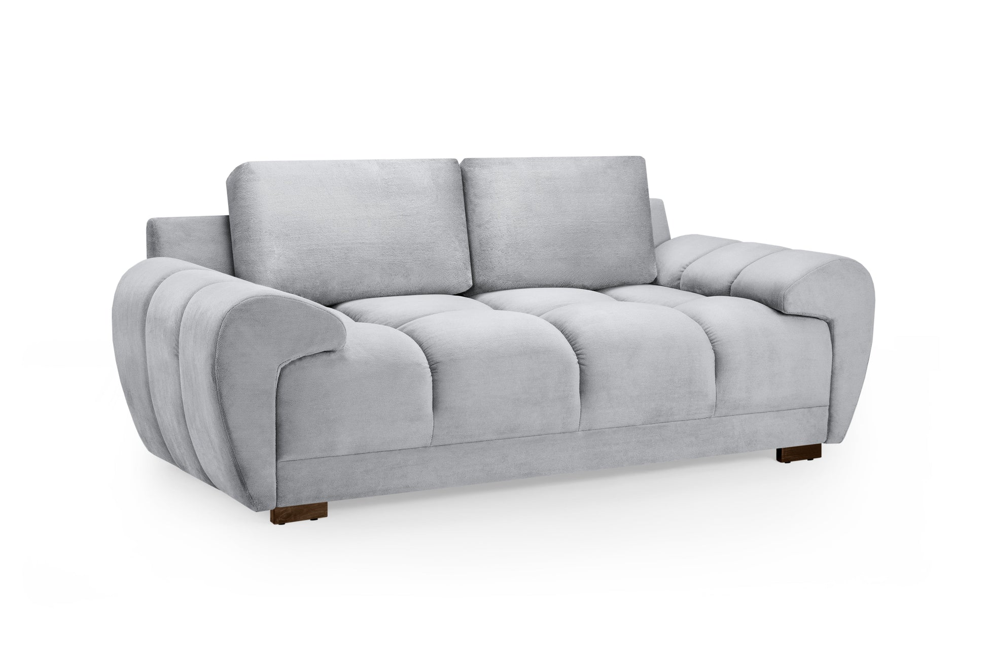 Azzuro 2-seater velvet sofa with storage and sofabed, featuring anti-slip feet in soft grey fabric, ideal for modern living rooms.