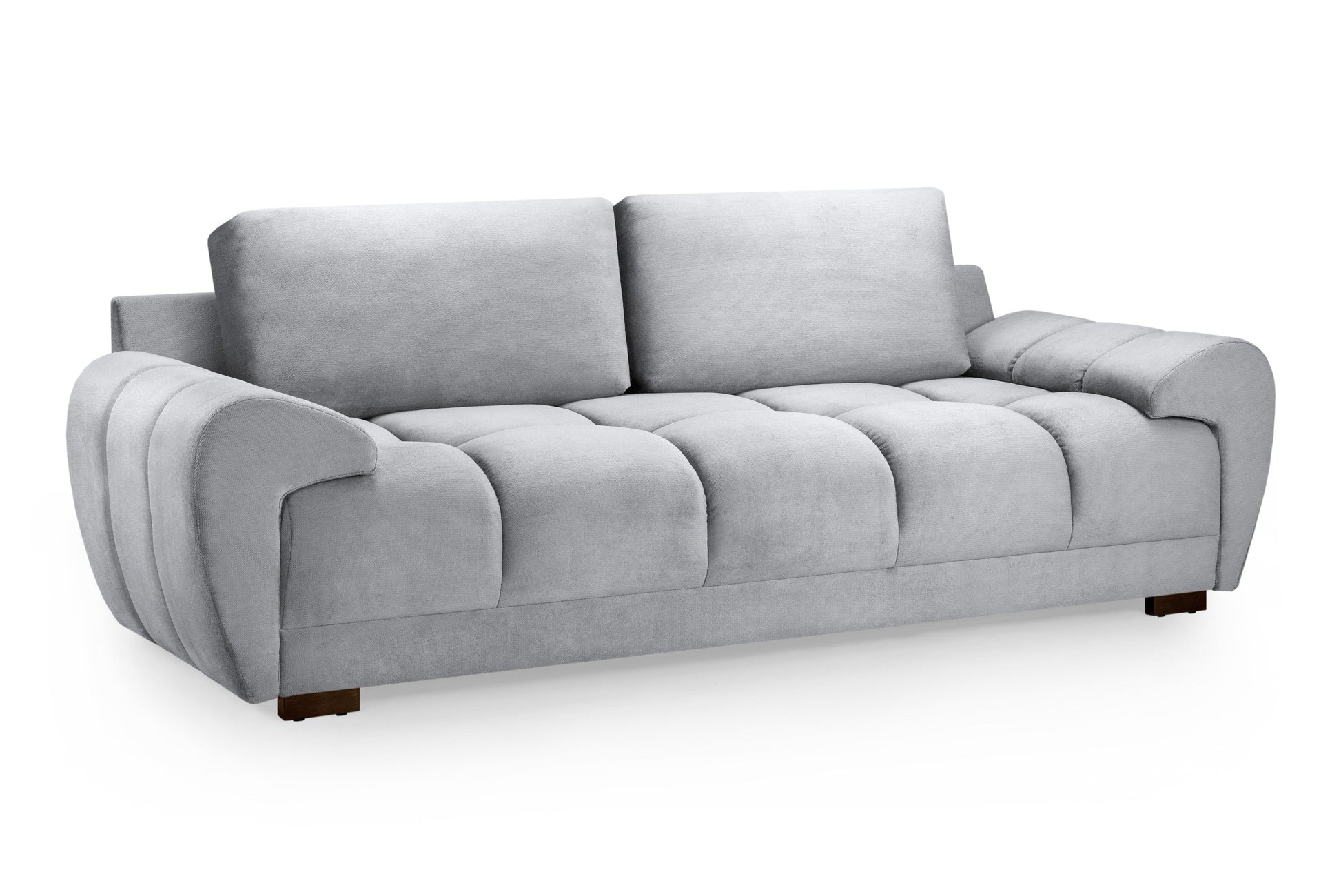 Azzuro plush grey velvet 3-seater sofa bed with built-in storage and anti-slip cushions, showcasing its elegant design and comfort.