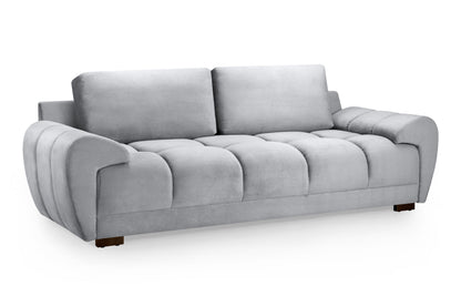 Azzuro plush grey velvet 3-seater sofa bed with built-in storage and anti-slip cushions, showcasing its elegant design and comfort.