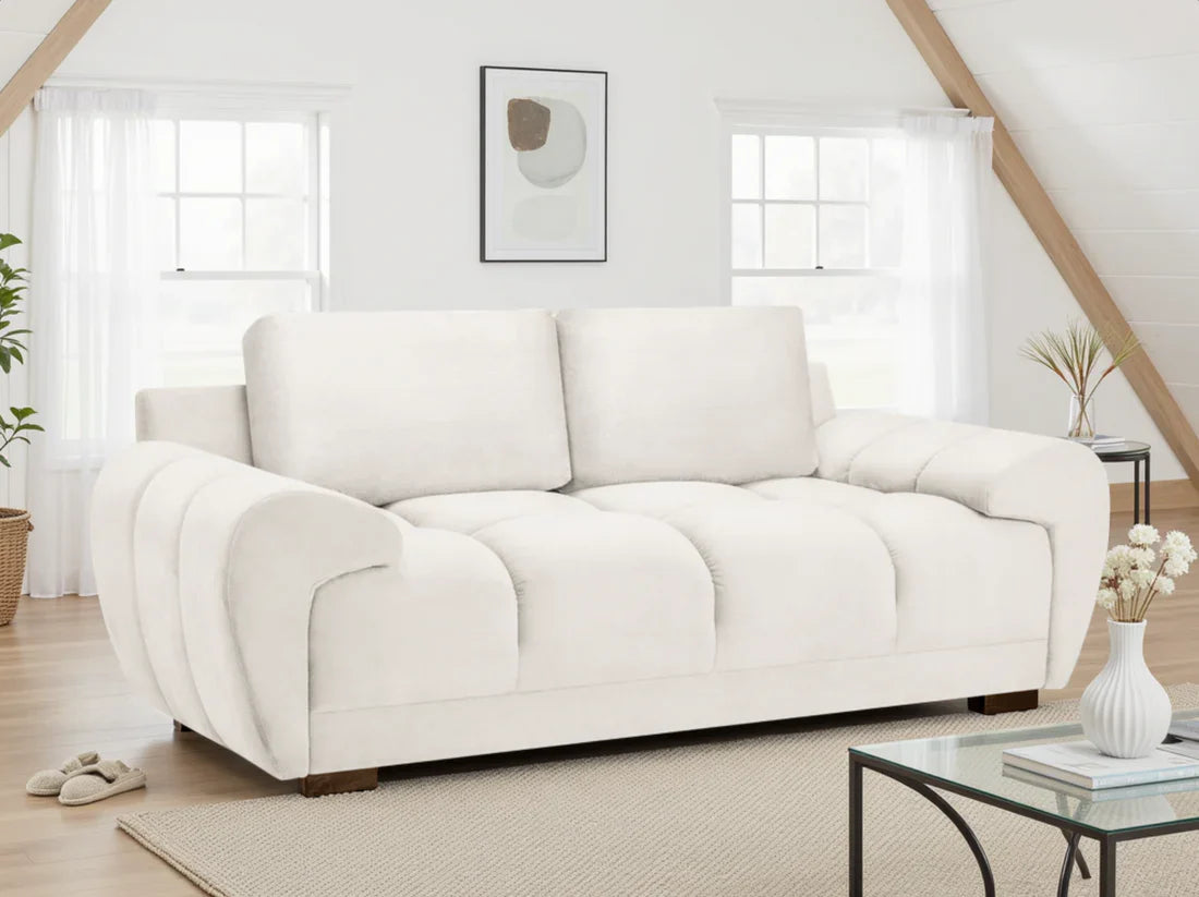 Cream Azzuro 2-seater velvet sofa with storage, sofabed, and anti-slip feet, featuring a modern design and plush upholstery.