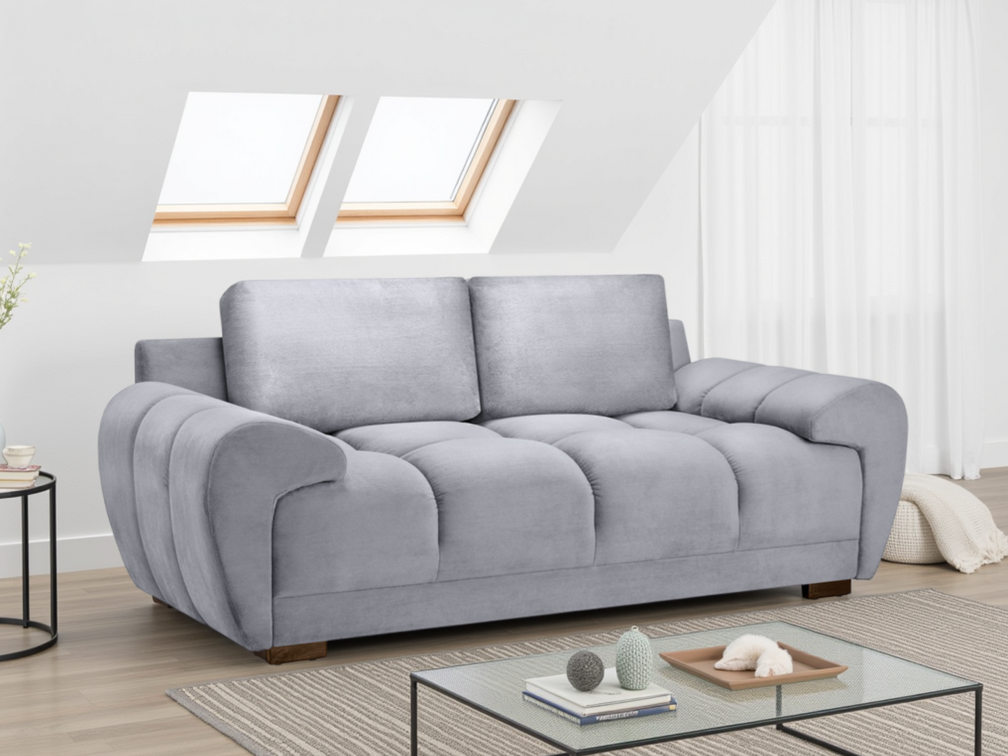 Azzuro 2-seater velvet sofa in grey with storage, sofa bed, and anti-slip feet, showcasing a modern living room setup.