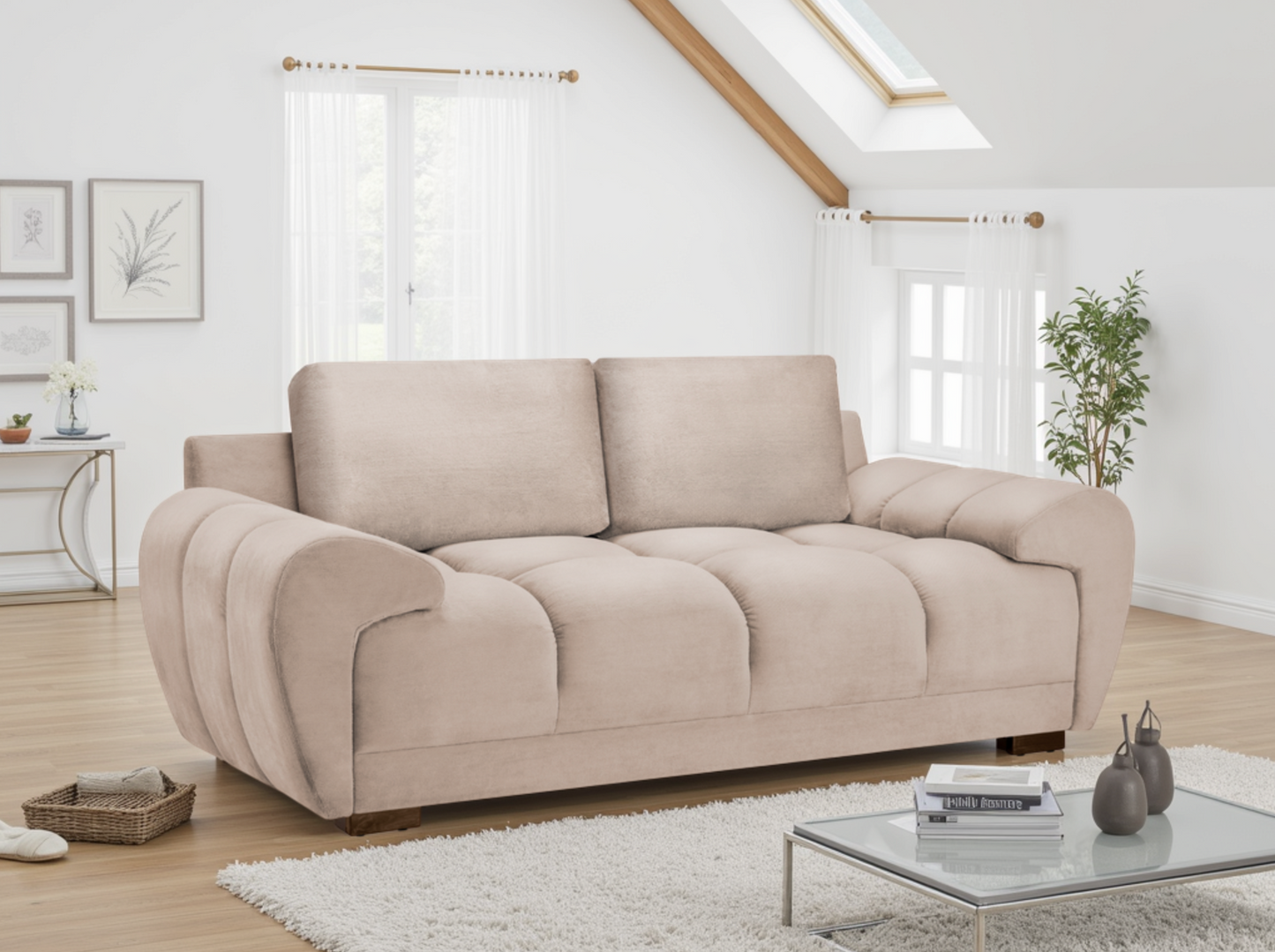 Azzuro 2-seater velvet sofa in mocha with storage, sofabed feature, and anti-slip feet, showcasing plush upholstery and modern design.