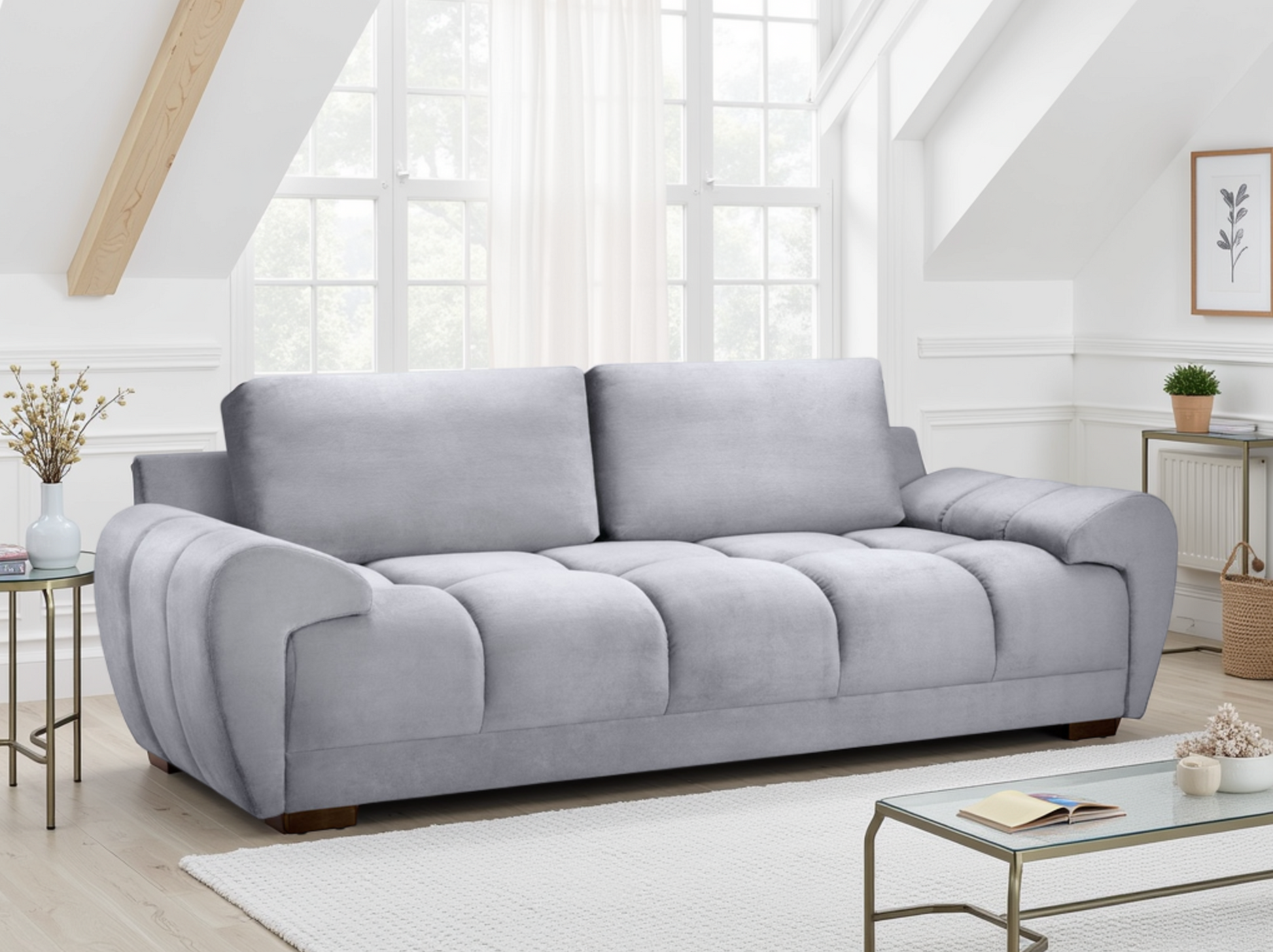 Azzuro plush grey velvet 3-seater sofa bed with built-in storage and anti-slip comfort, perfect for modern living spaces.