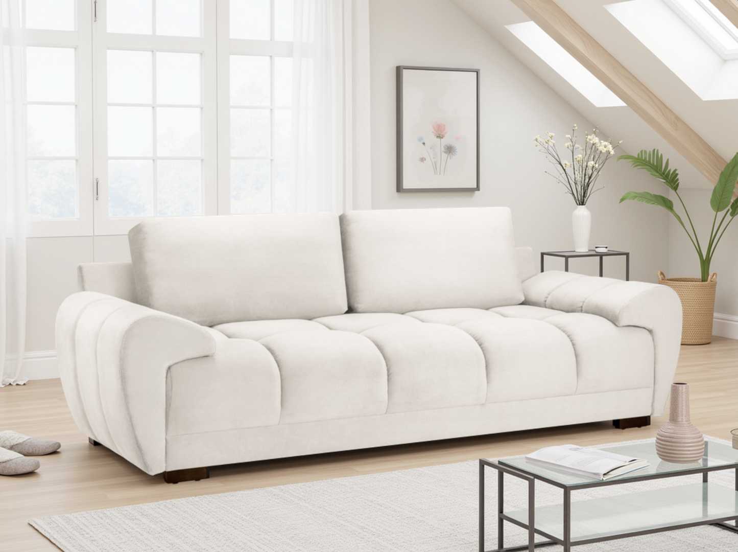 Cream Azzuro plush velvet 3-seater sofa bed with built-in storage, featuring anti-slip comfort and modern design.