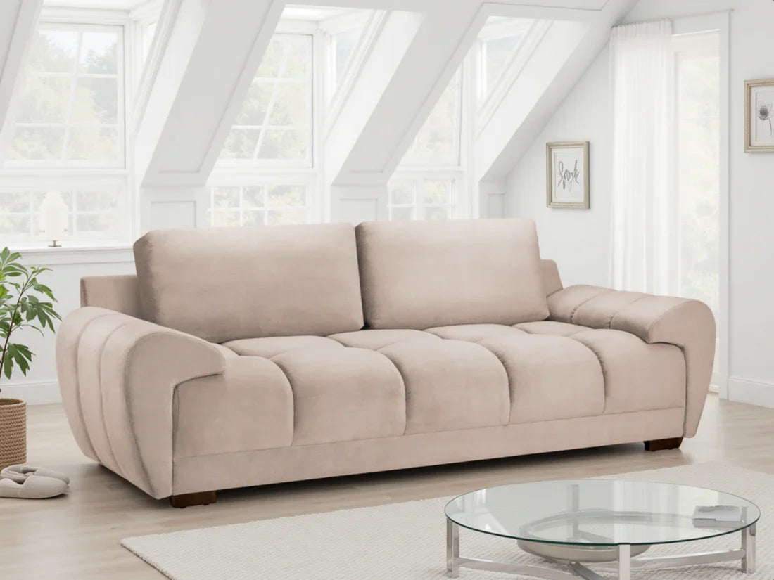 Azzuro plush velvet 3-seater sofa bed in mocha with built-in storage and anti-slip legs, showcasing its comfortable, stylish design.