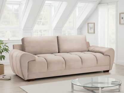 Azzuro plush velvet 3-seater sofa bed in mocha with built-in storage and anti-slip legs, showcasing its comfortable, stylish design.