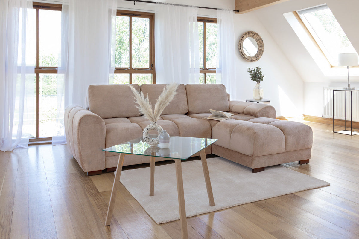 Azzuro Universal Corner Sofabed in plush beige velvet, featuring a convertible design with built-in storage and a contemporary look.