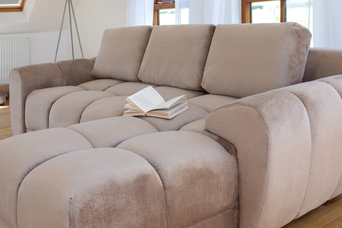 Beige Azzuro universal corner sofabed by Furniture Discount featuring plush velvet upholstery and built-in storage.