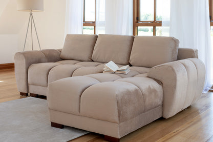A beige Azzuro Universal Corner Sofabed by Furniture Discount with plush velvet upholstery, convertible design, and hidden storage.