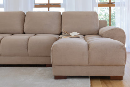 A beige Azzuro universal corner sofabed in plush velvet, showing its convertible design and built-in storage from the right-hand side.