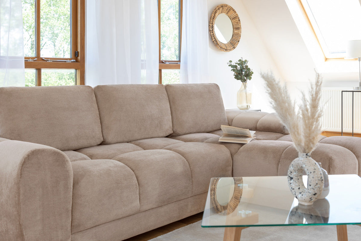 A beige Azzuro Universal Corner Sofabed by Furniture Discount showing plush velvet fabric and convertible design with storage.