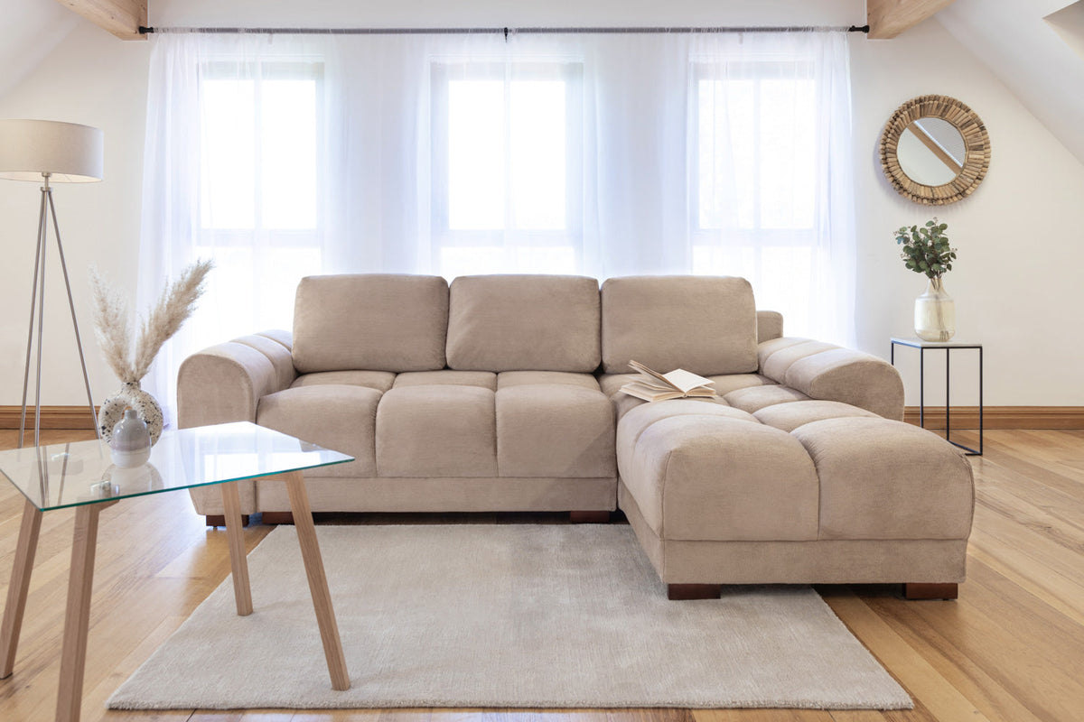 Azzuro Universal Corner Sofabed in plush beige velvet with convertible design and built-in storage, shown from the right-hand side.