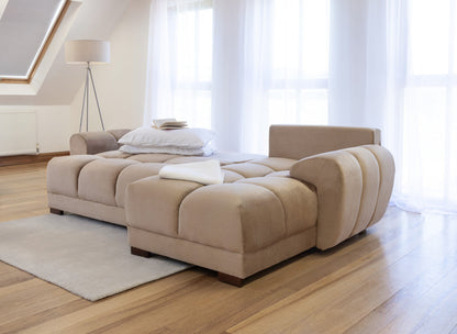 A beige Azzuro universal corner sofabed with plush velvet upholstery, featuring a convertible design and built-in storage.
