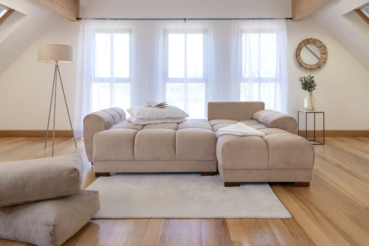 Beige Azzuro Universal Corner Sofabed with plush velvet upholstery, shown in a horizontal view with storage features.
