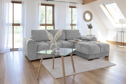 Azzuro Universal Corner Sofabed by Furniture Discount, plush grey velvet convertible sofa with built-in storage, shown from the right-hand side.