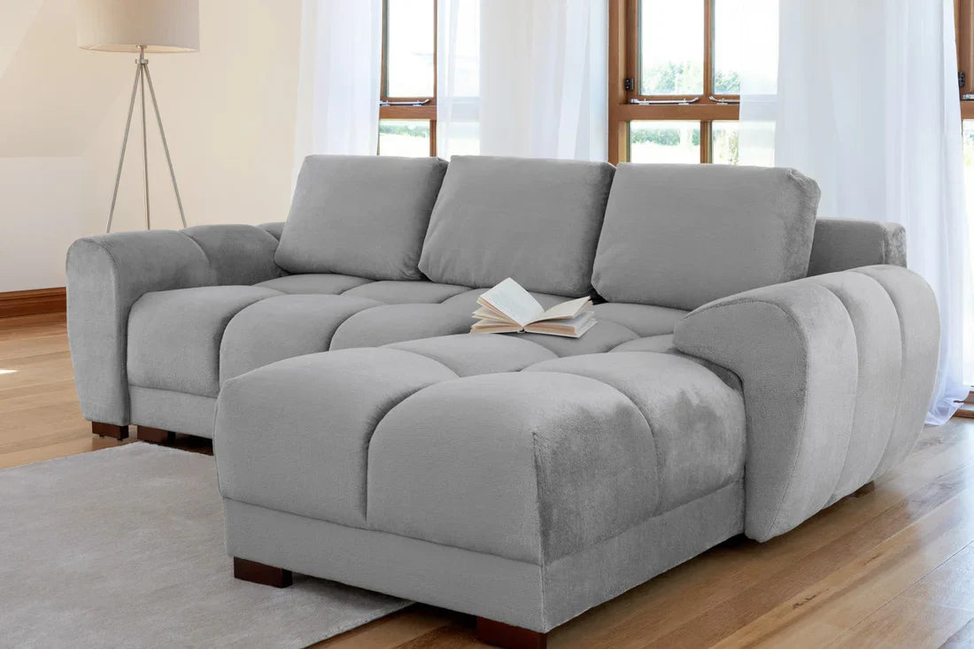 Azzuro universal corner sofabed in plush grey velvet with storage, convertible sofa with plush upholstery and modern design
