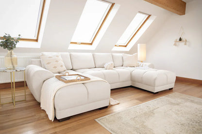 A cream Azzuro plush velvet U-shape corner sofa with anti-slip feet, showcasing soft cushions and modern design.