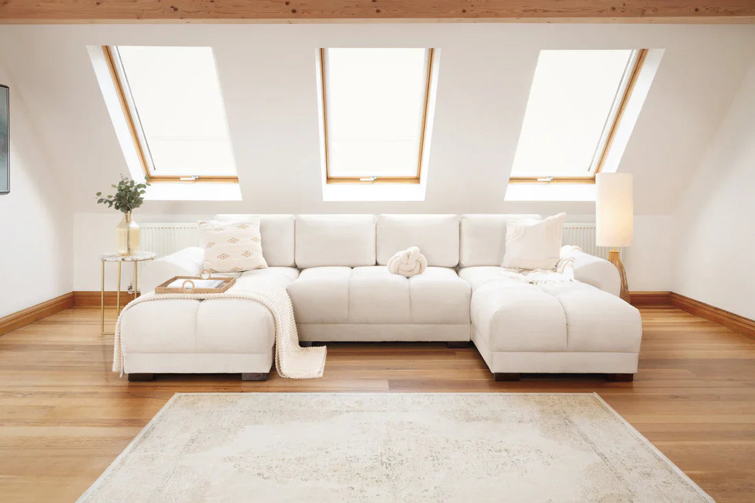Cream Azzuro Plush Velvet U-shape corner sofa with anti-slip feet, showcasing a luxurious and comfortable living room setup.
