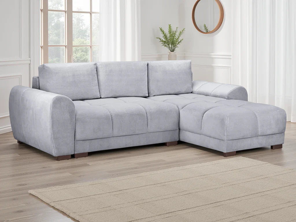 Azzuro Universal Corner Sofabed in plush grey velvet, convertible sofa with built-in storage and modern design.