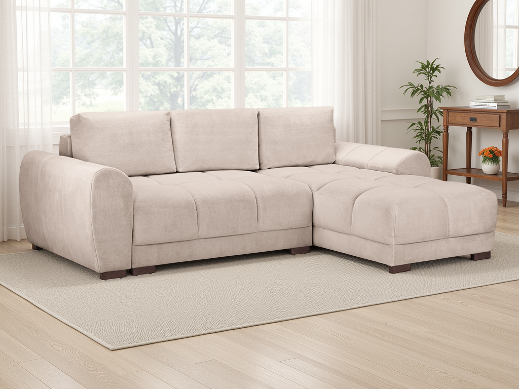 Azzuro universal corner sofabed in plush mocha velvet with built-in storage, convertible design for versatile seating and sleeping.