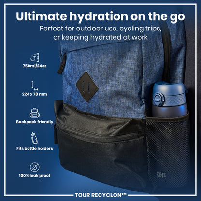 ION8 Recyclon navy 750ml water bottle with ergonomic design and secure screw cap, made for reusable hydration.