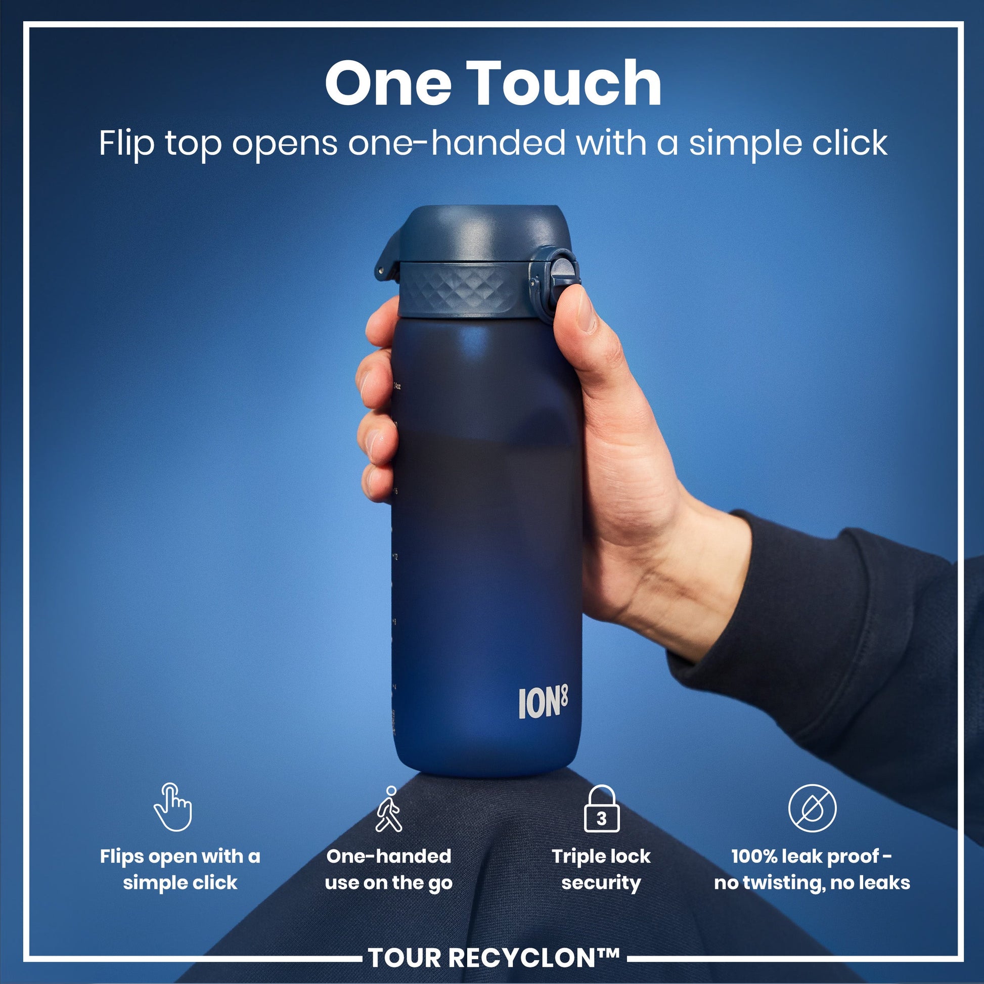 Ion8 Recyclon navy 750ml water bottle with a sleek design and secure screw-top lid, ideal for hydration on the go.