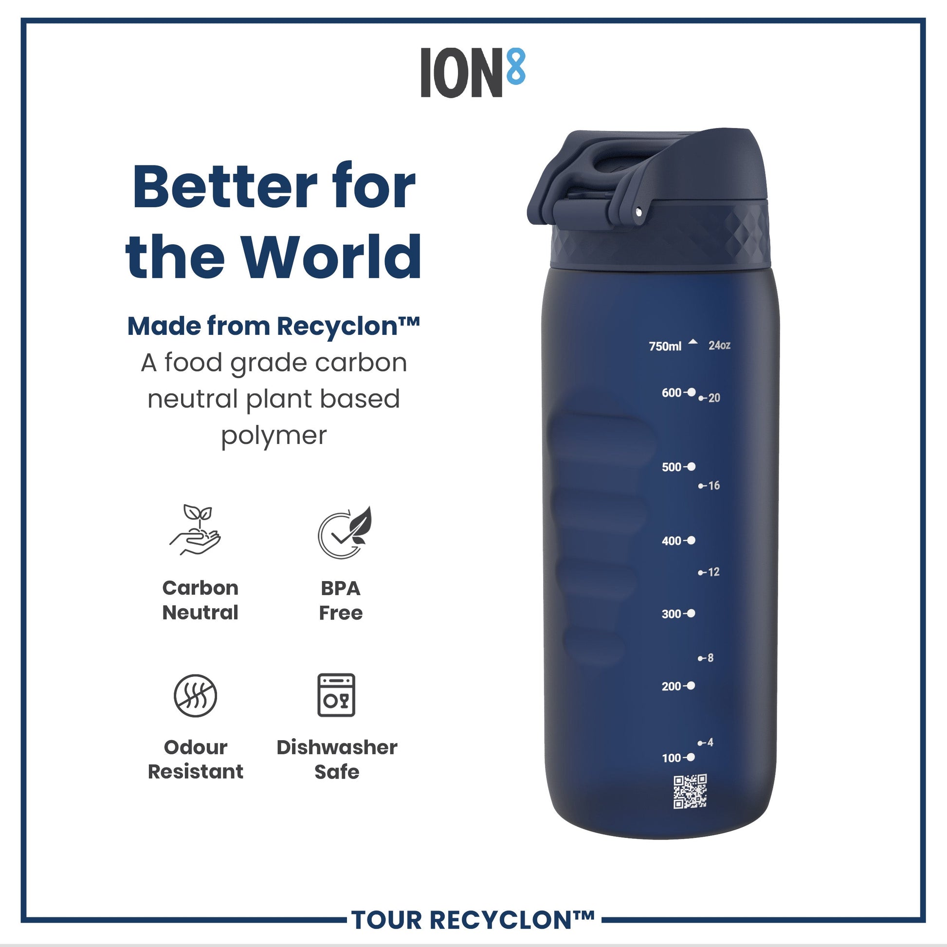 ION8 Recyclon Navy 750ml water bottle with a sleek design and secure lid, ideal for everyday hydration.