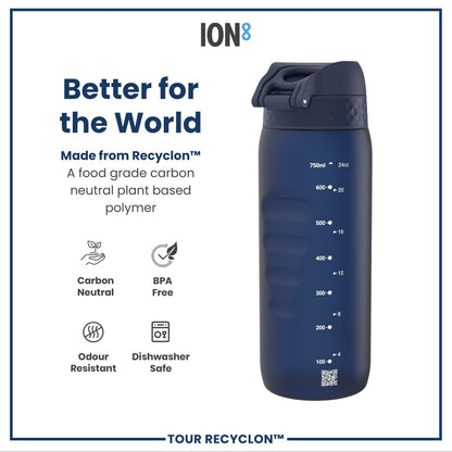 ION8 Recyclon Navy 750ml water bottle with a sleek design and secure lid, ideal for everyday hydration.