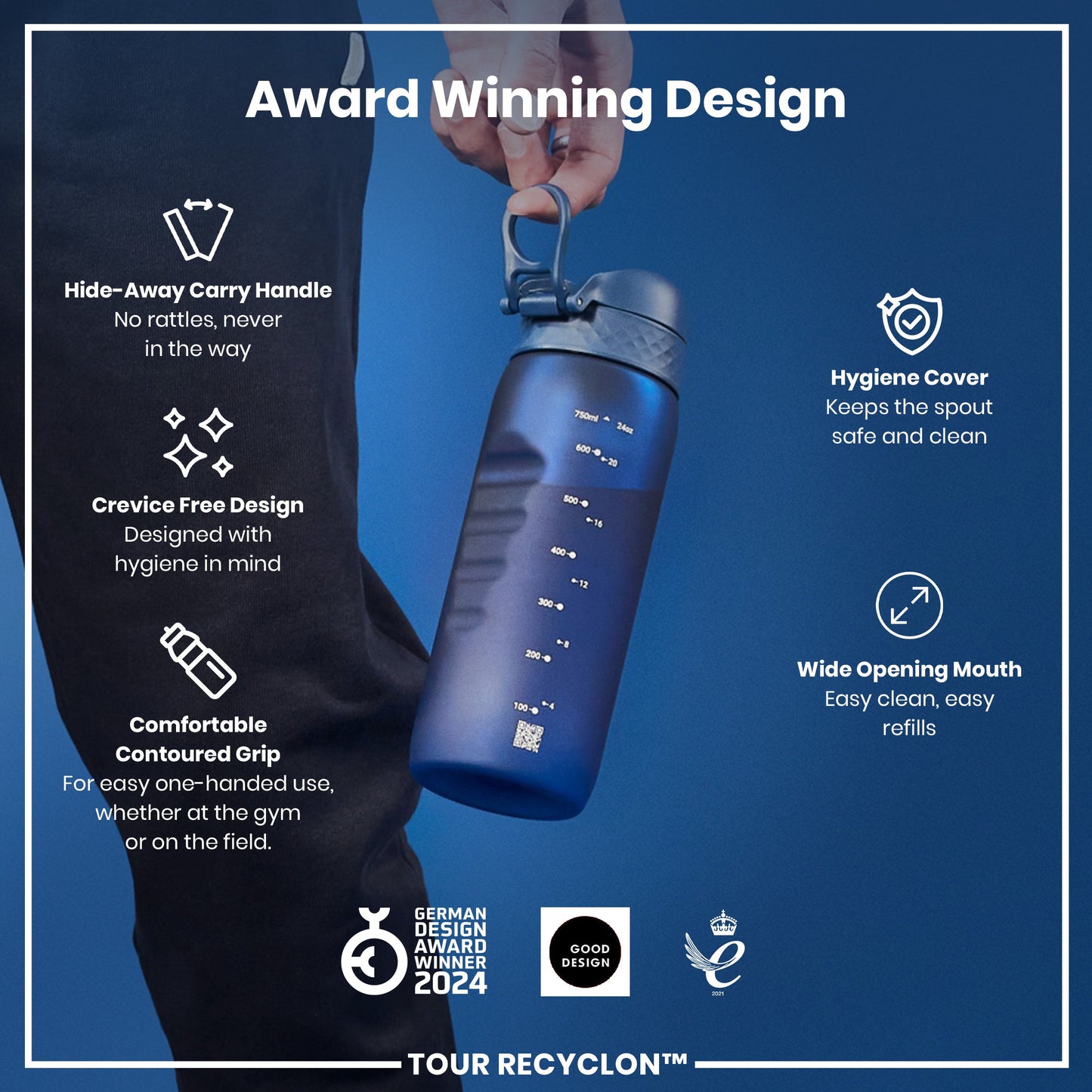 Ion8 Recyclon navy 750ml water bottle with secure lid and sleek design, ideal for hydration on the go.