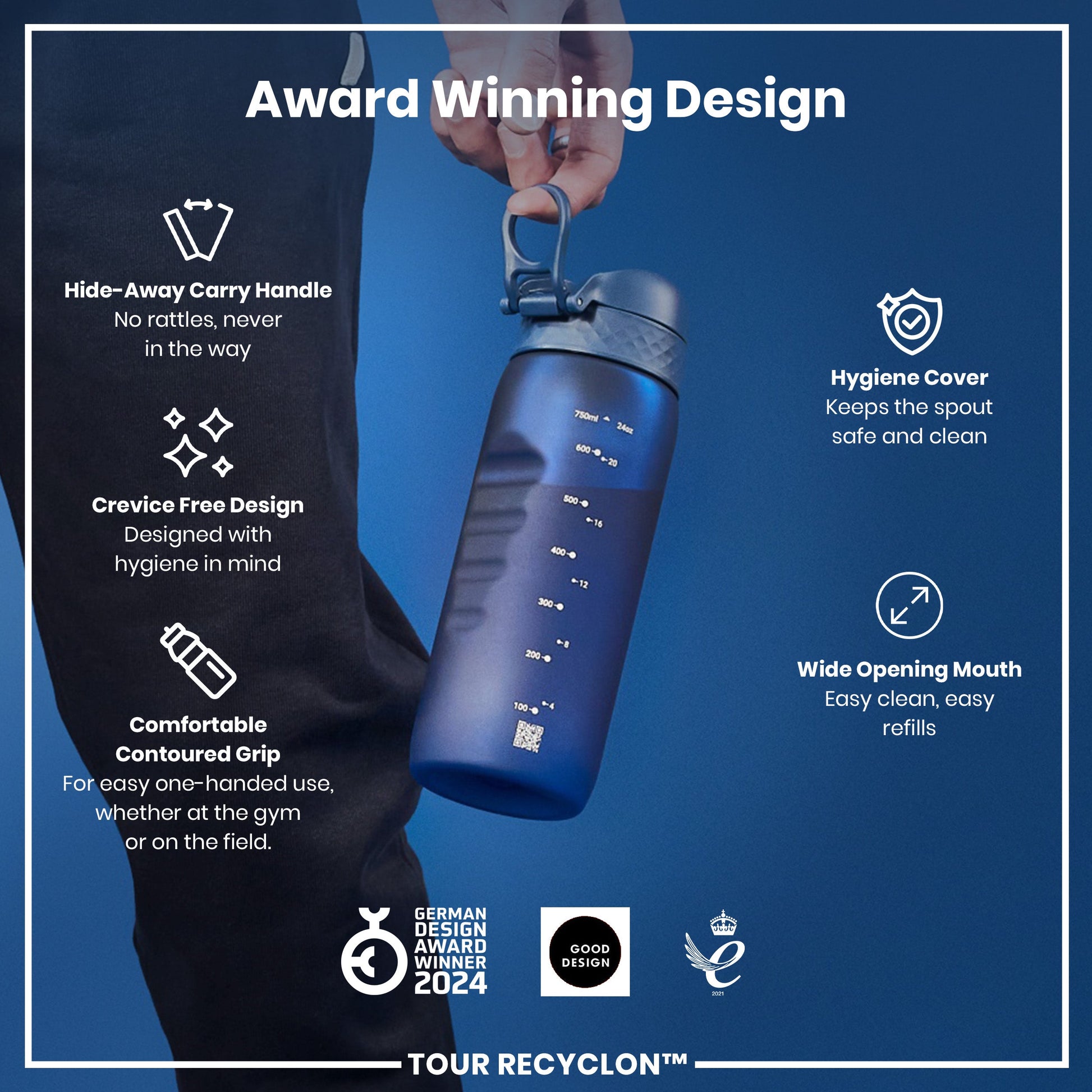 Ion8 Recyclon navy 750ml water bottle with secure lid and sleek design, ideal for hydration on the go.