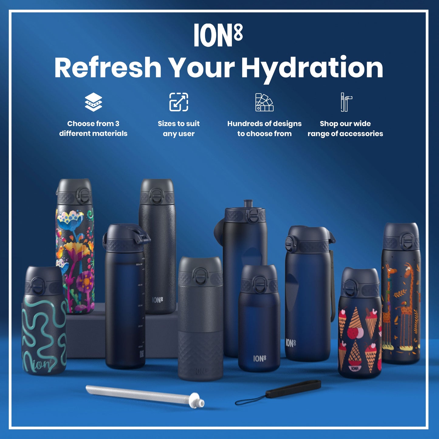 ION8 Recyclon navy 750ml water bottle with screw cap, reusable and eco-friendly for hydration on the go