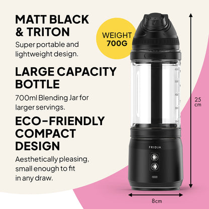 Fridja F500 portable blender with sleek black design and compact size, shown from the back view.
