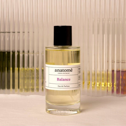 Anatomē Balance Functional Perfume in a 10ml travel-sized bottle, showcasing elegant packaging and the perfume's sleek design.