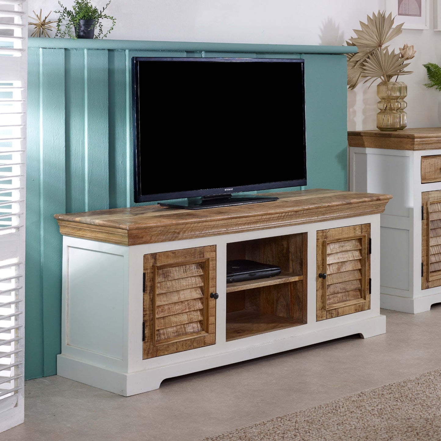 Handmade Bianco solid mango wood TV cabinet by Verty Furniture, white entertainment center with elegant, durable design.