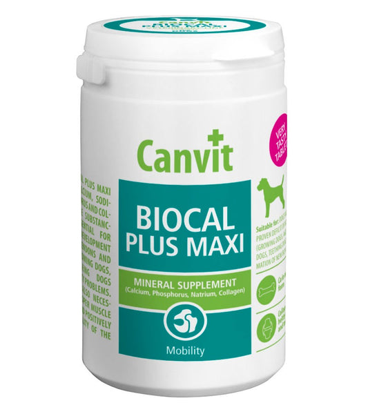 Canvit Biocal Plus MAXI supplement for pets, featuring calcium and collagen for healthy bones, joints, and teeth in a 230g container.