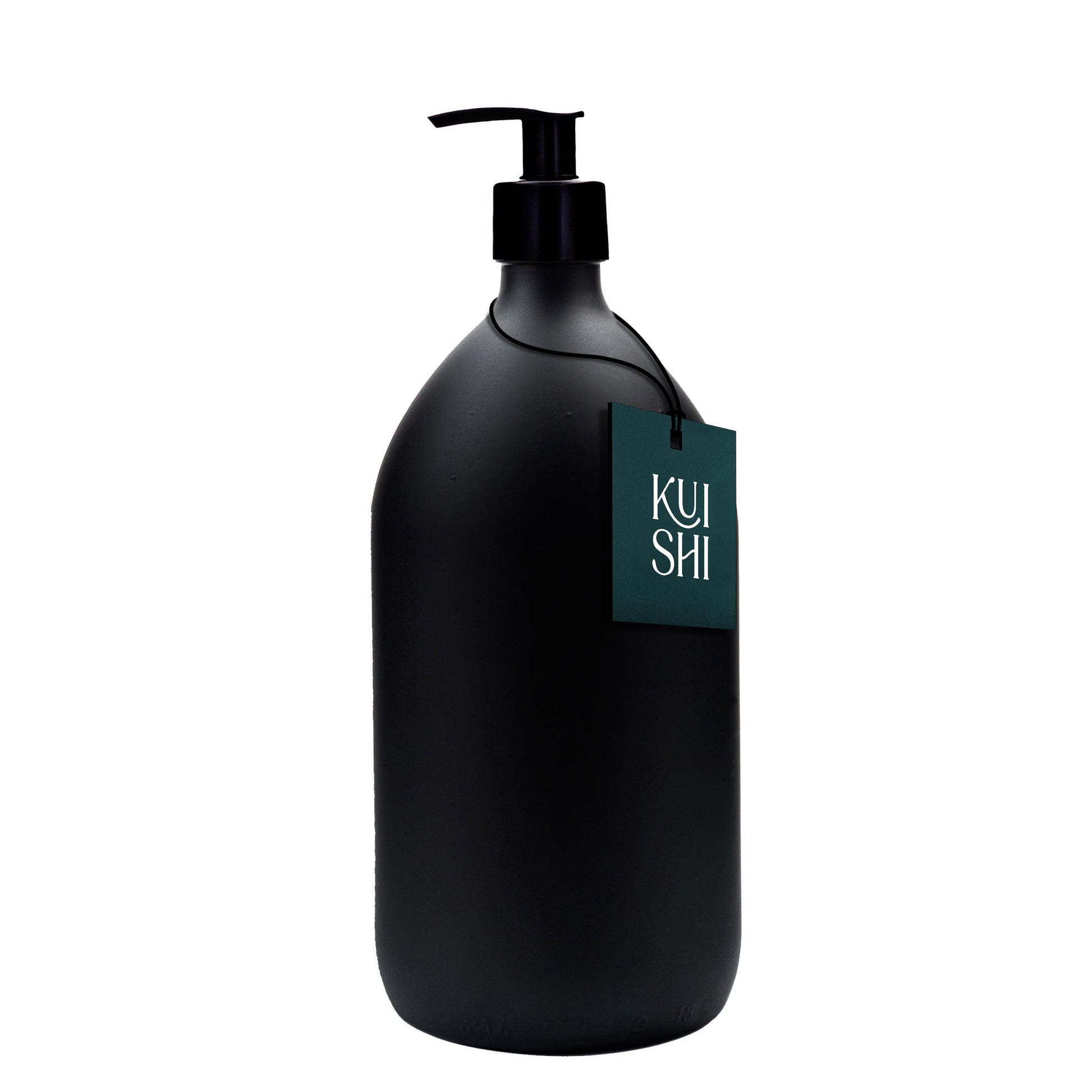 Black matte plastic soap dispenser pump bottle by Kuishi, 1000ml, with a sleek black design and pump mechanism.