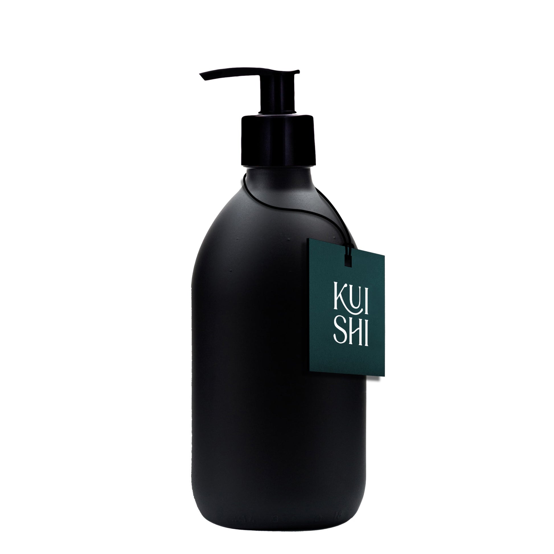 Black Kuishi soap dispenser with matte black plastic pump, 300ml capacity, designed for easy dispensing of liquids.