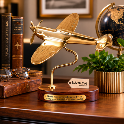 Brass Spitfire Model with Churchill Quote Plaque | RAF Desk Ornament