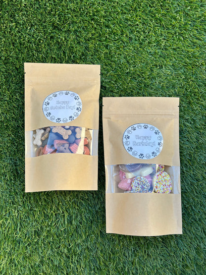 Happy Barkday Treat Pick n Mix Chocolate Treats by The Bonnie Hound in a 150g bag, showing colorful assorted chocolate treats for dogs.