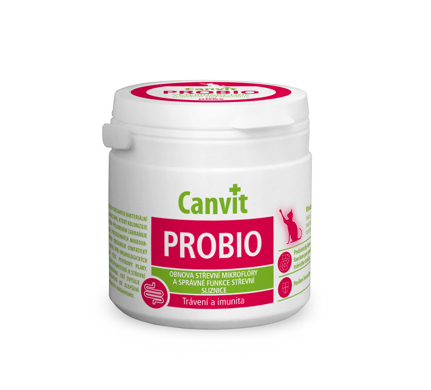 Canvit Probio for Cats probiotic supplement in 100g container, supporting healthy digestion for feline pets.