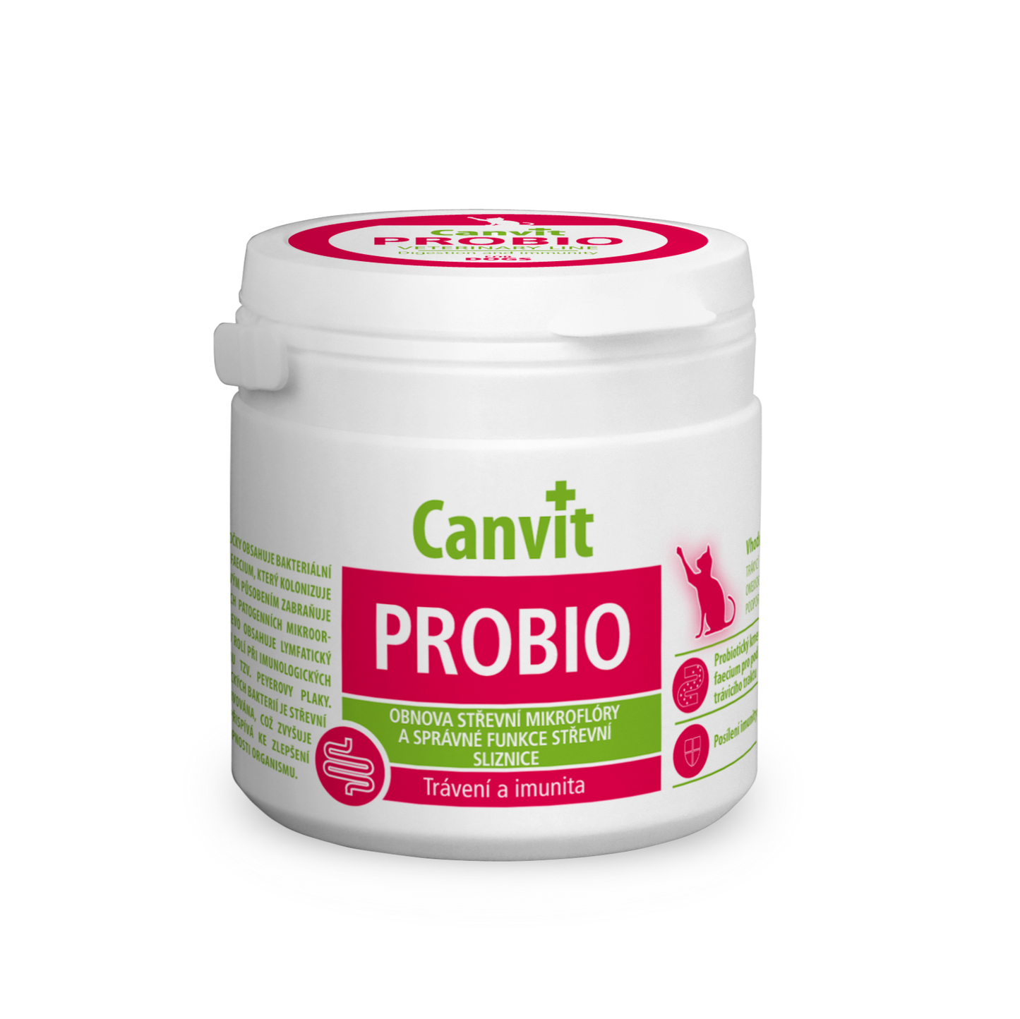 Canvit Probio for Cats probiotic supplement in a 100g container, supporting healthy digestion for cats.
