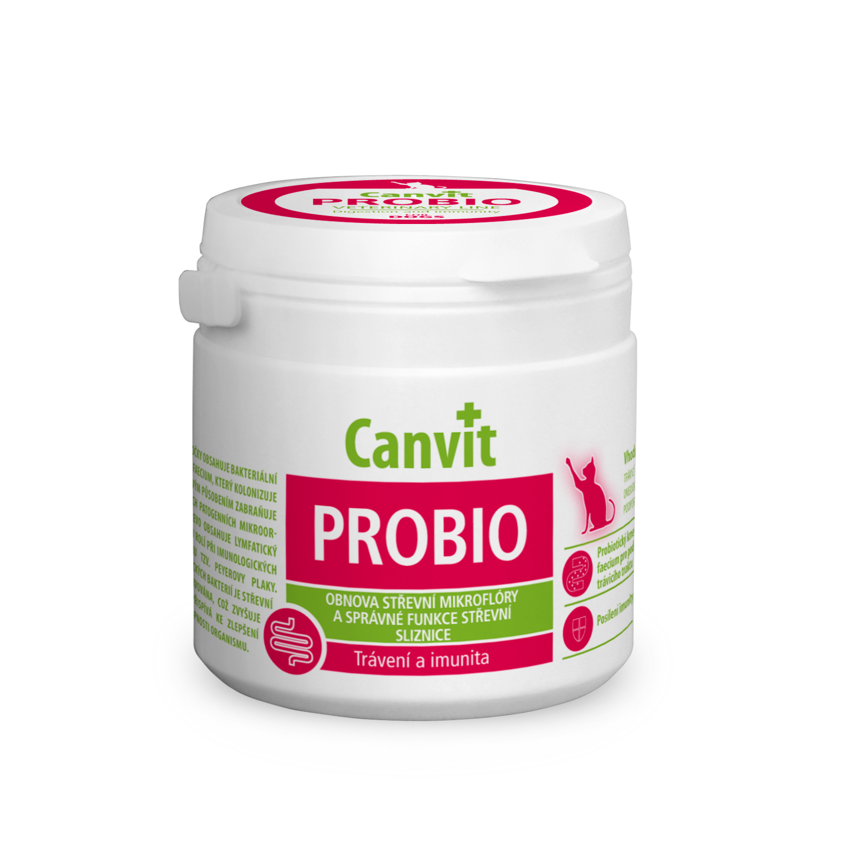 Canvit Probio for Cats probiotic supplement in a 100g container, supporting healthy digestion for cats.